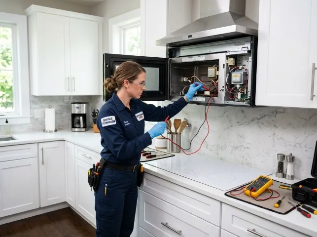 Appliance Repair Hero technician testing an over-the-range microwave in a Bloomfield, NJ kitchen
